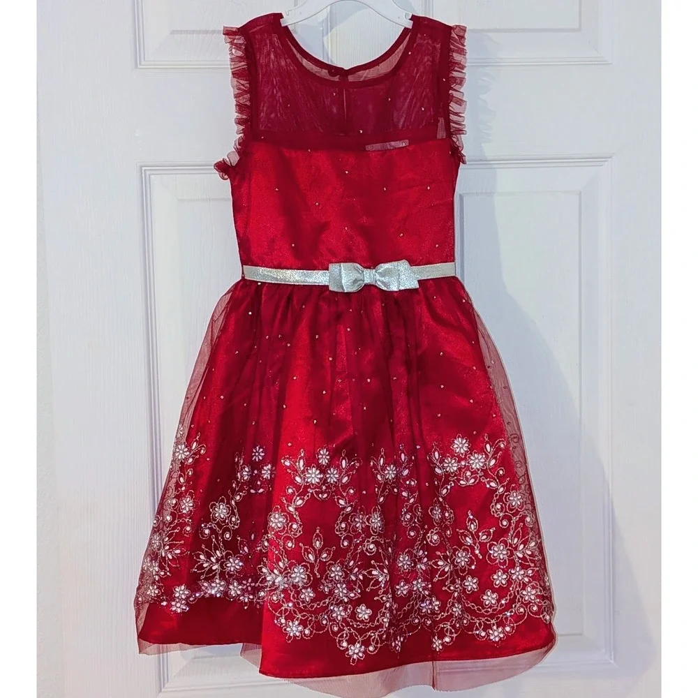 Jona Michelle Girls Red Metallic Floral Embroidered HolidayParty Dress Sz 7 NWOT